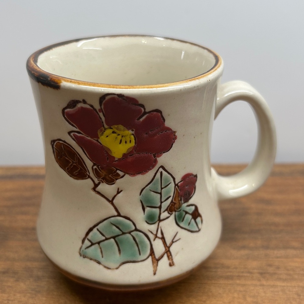 Vintage Retro Stoneware Glazed Mugs With Floral Motif Set Of 4 Made In Korea - Picture 7 of 16